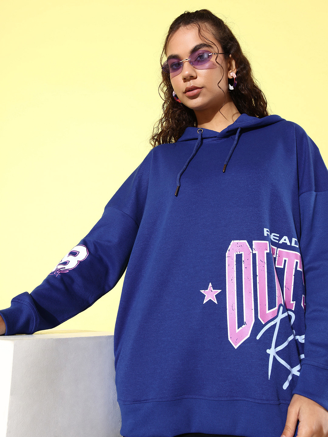 Roadster Bright Blue Printed Hooded Sweatshirt