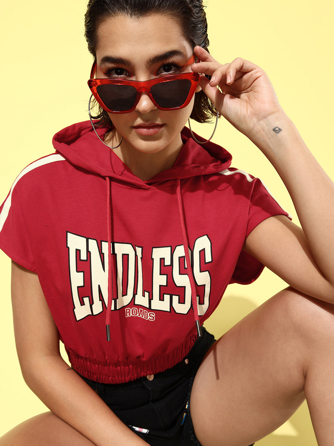 The Roadster Life Co. Hot Red Winter Discotheque Printed Hooded Crop Sweatshirt