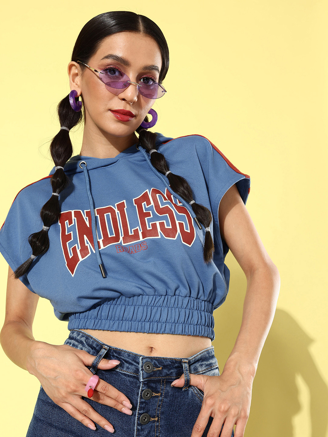 The Roadster Life Co. Cool Blue Winter Discotheque Printed Hooded Crop Sweatshirt