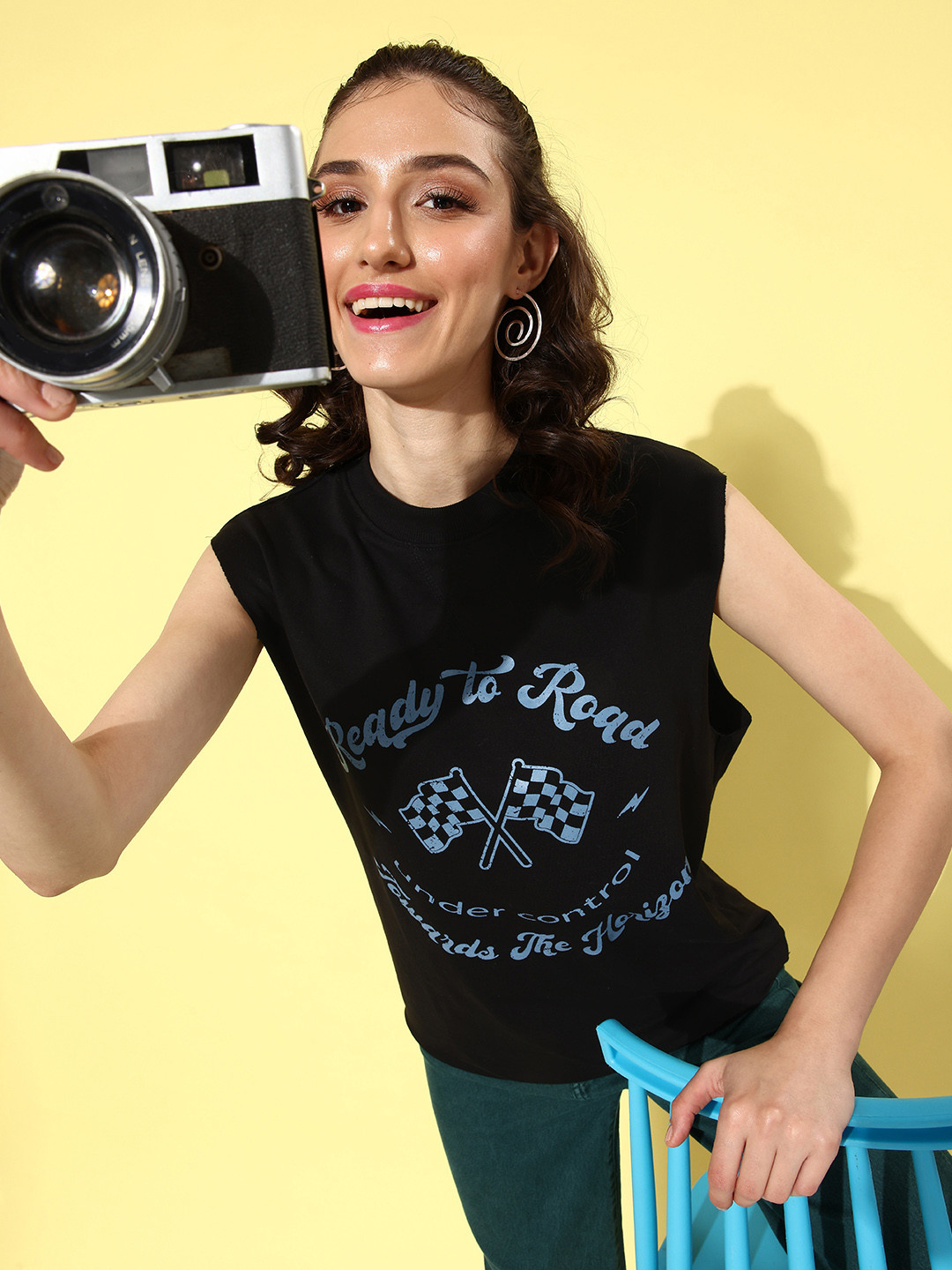 The Roadster Life Co. Ink Black Graphic Printed Sleeveless Oversized Sweatshirt