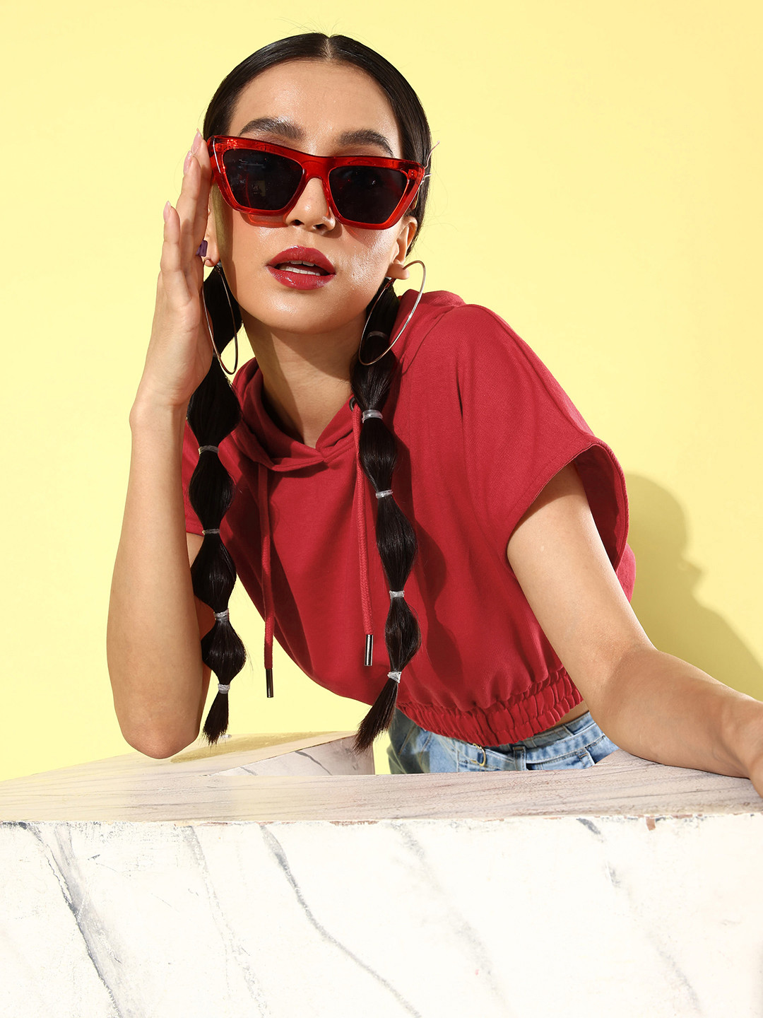 The Roadster Life Co. Hot Red Winter Discotheque Hooded Crop Sweatshirt