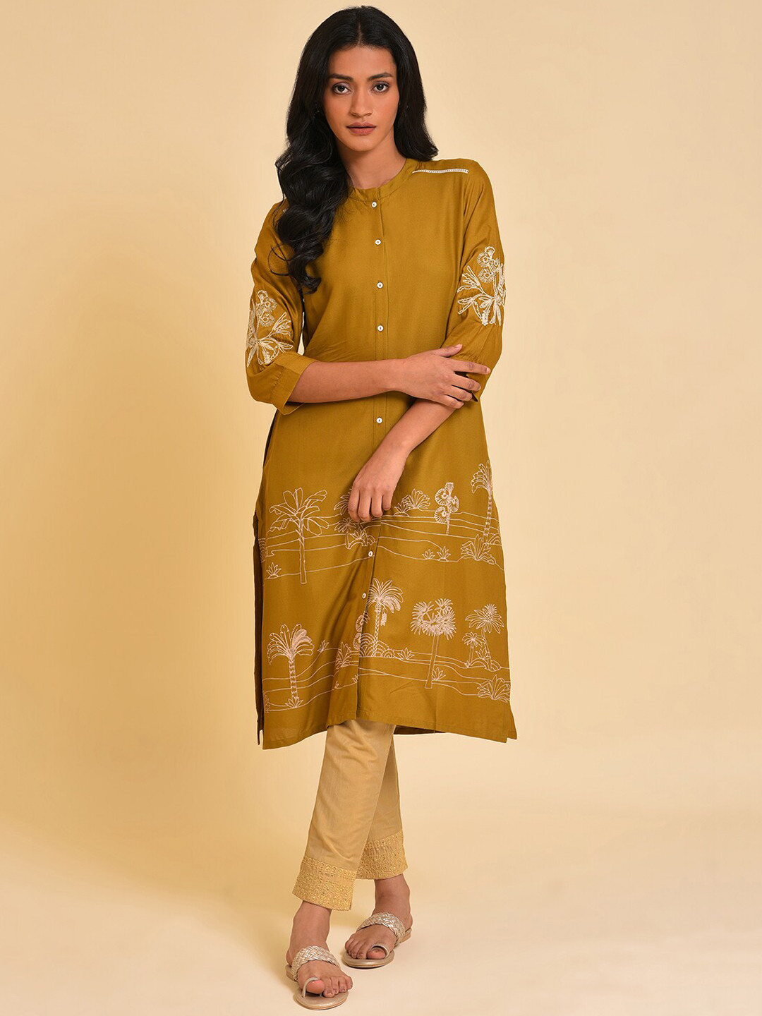 W Yellow Band Collar Floral Embroidered Thread Work Kurta