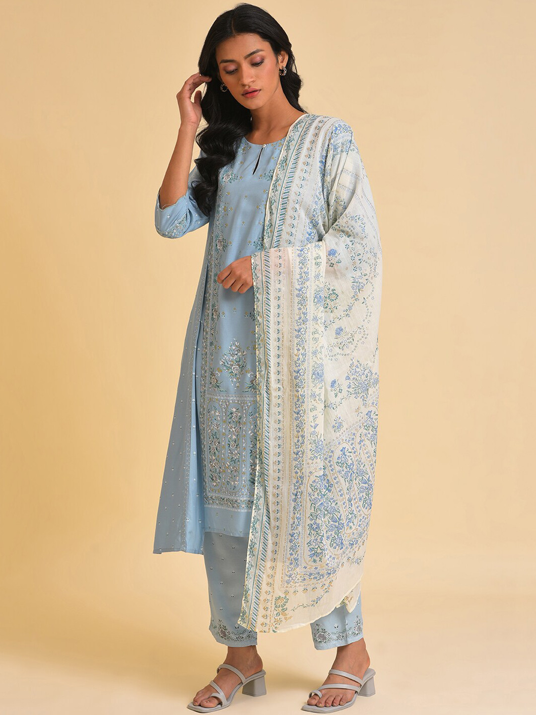 W Blue Keyhole Neck Floral Printed Kurta with Trousers & With Dupatta