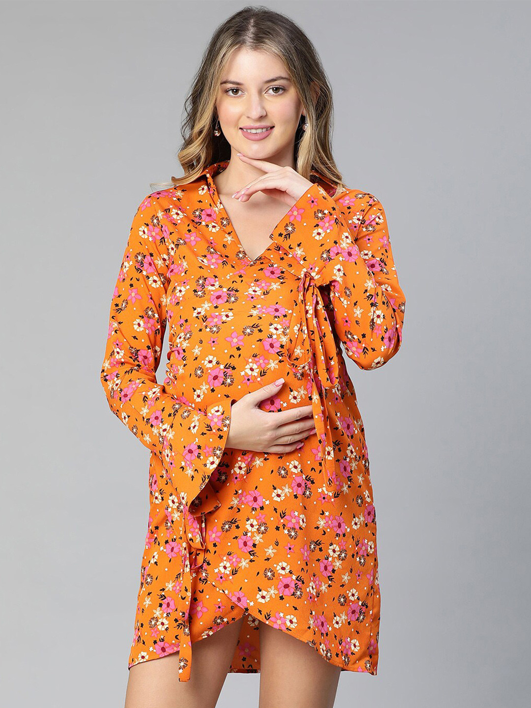 Oxolloxo Floral Printed Puff Sleeve Crepe Maternity Mini Wrap Dress