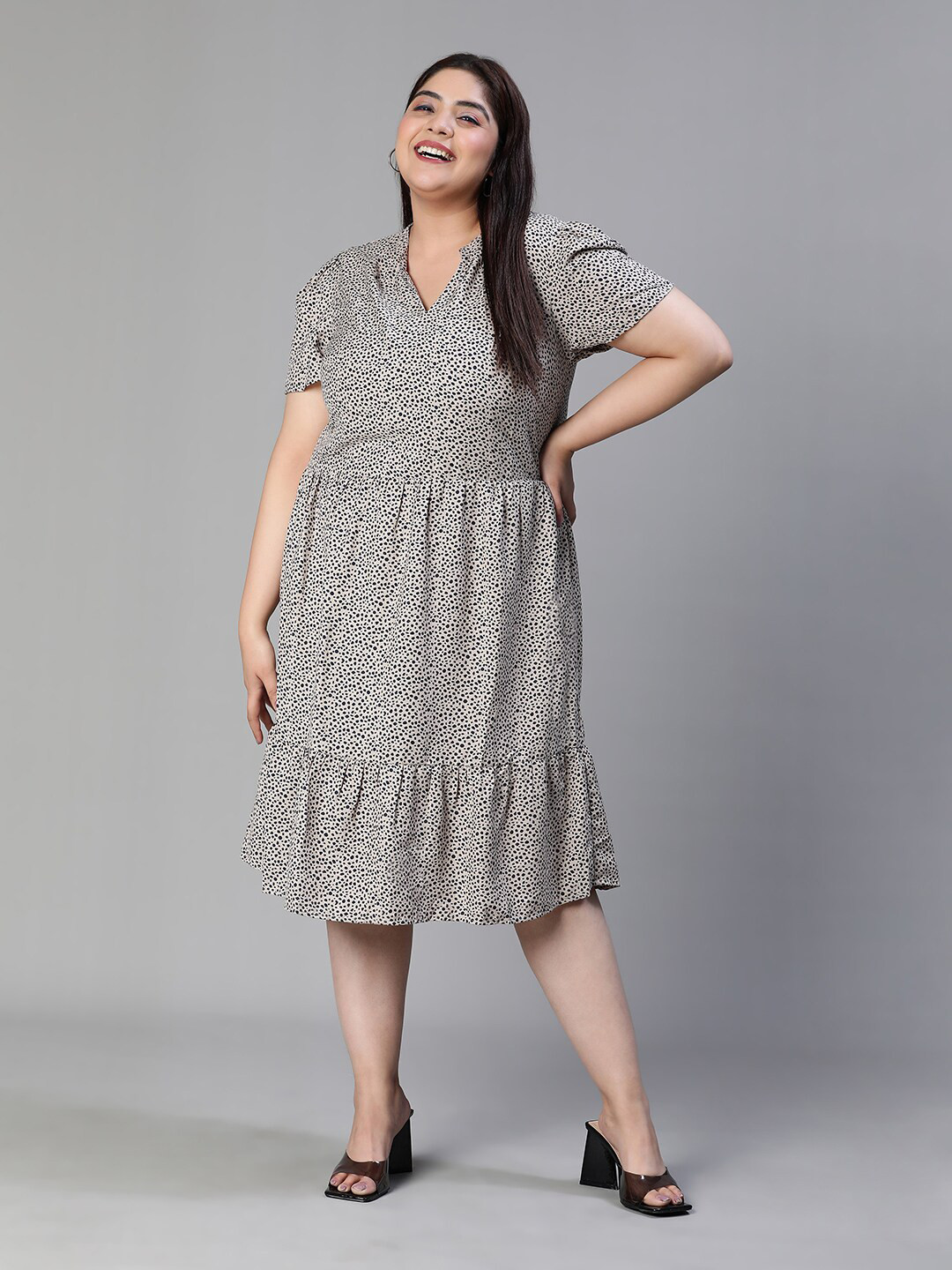 Oxolloxo Plus Size Abstract Printed Tiered A-Line Midi Dress