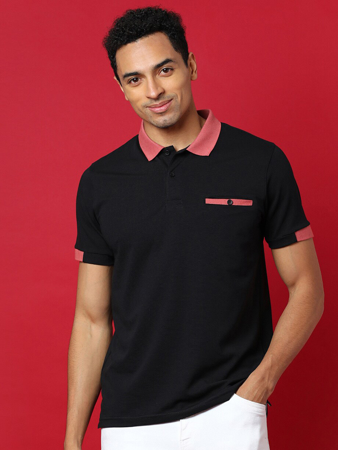 Campus Sutra Black & Peach-Coloured Polo Collar Cotton T-shirt