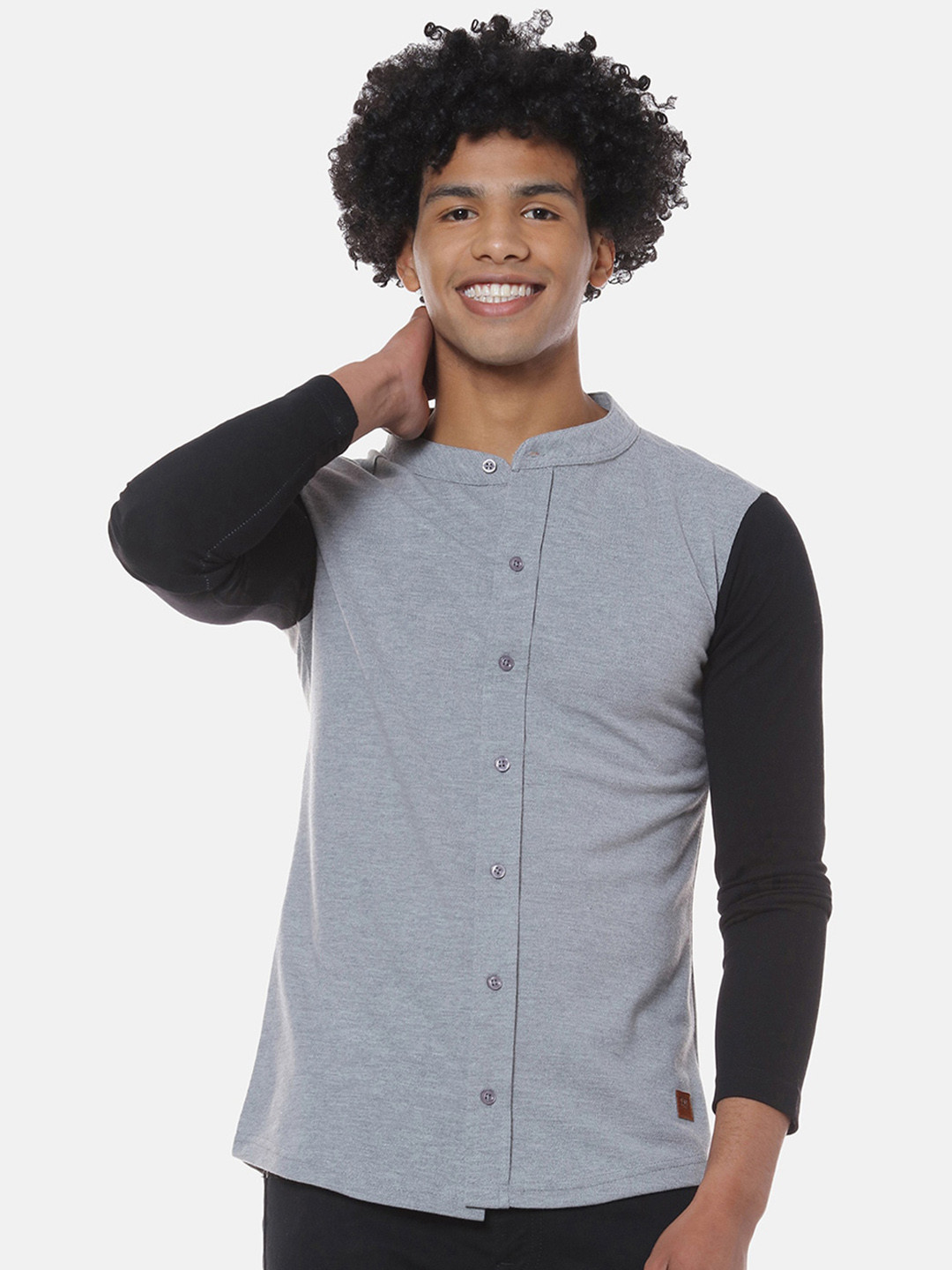 Campus Sutra Grey Band Collar Classic Cotton Shirt