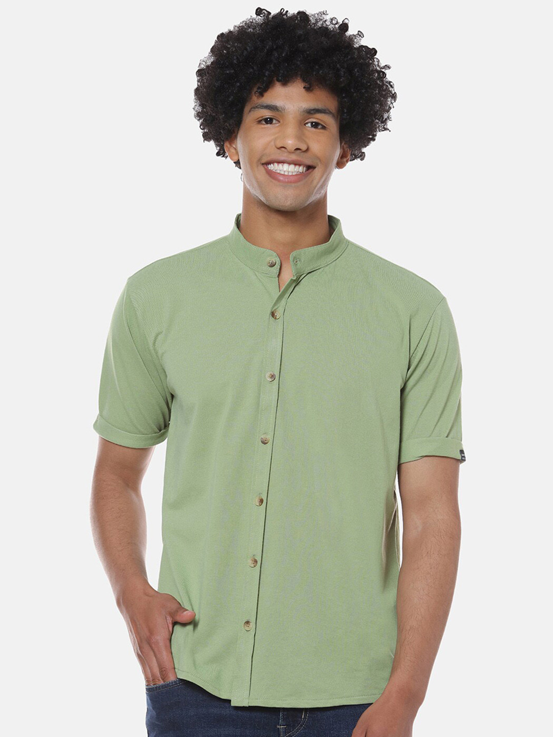 Campus Sutra Green Band Collar Classic Cotton Shirt