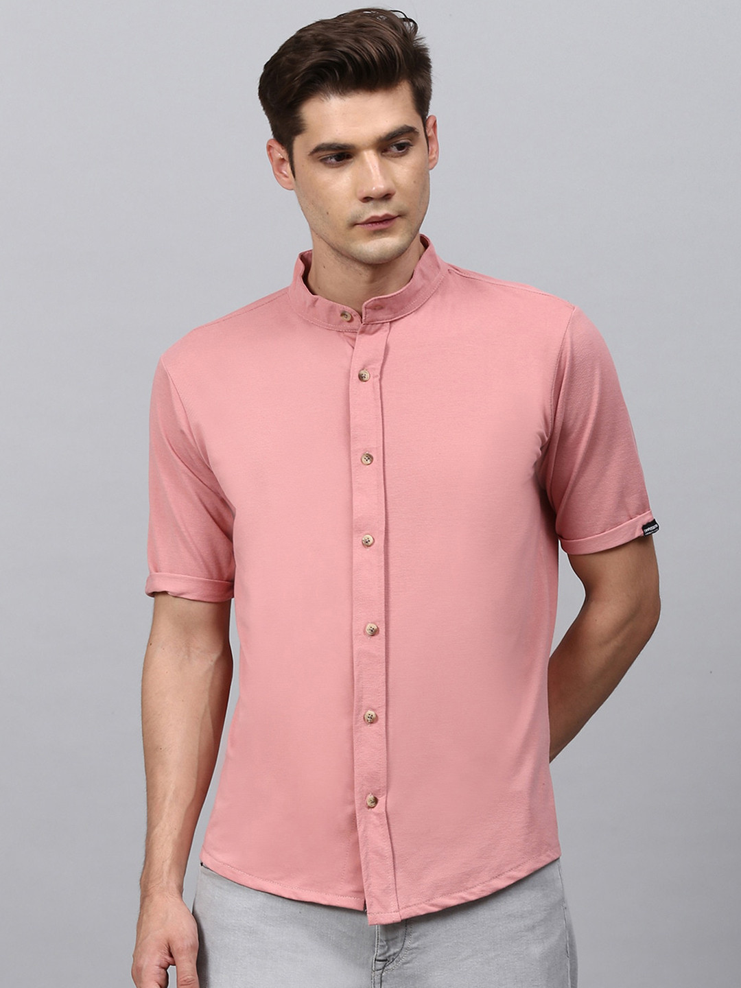 Campus Sutra Pink Band Collar Classic Cotton Casual Shirt