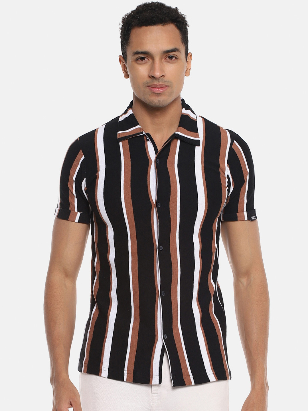 Campus Sutra Black & Brown Striped Classic Cotton Casual Slim Fit Shirt