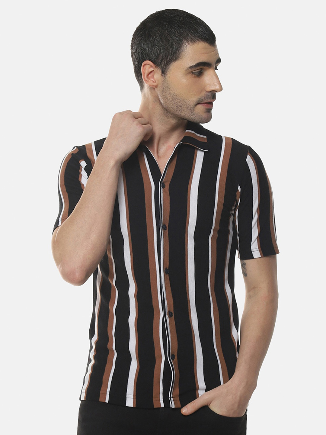 Campus Sutra Black & Brown Striped Classic Cotton Casual Slim Fit Shirt