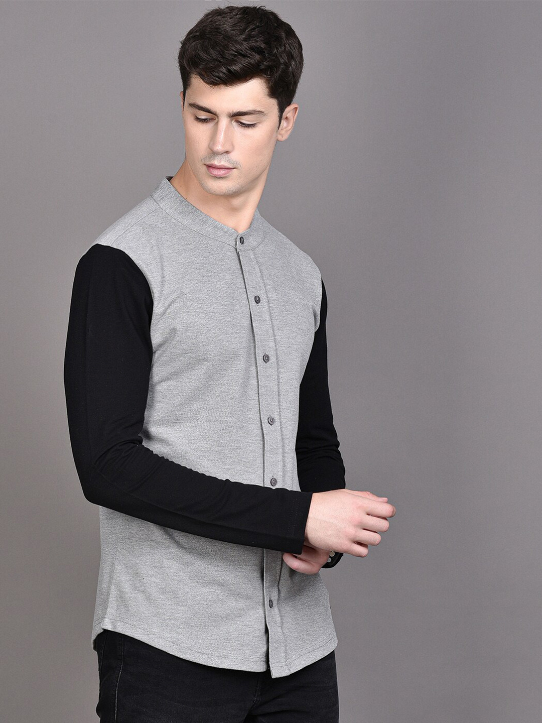 Campus Sutra Grey Classic Band Collar Cotton Casual Shirt