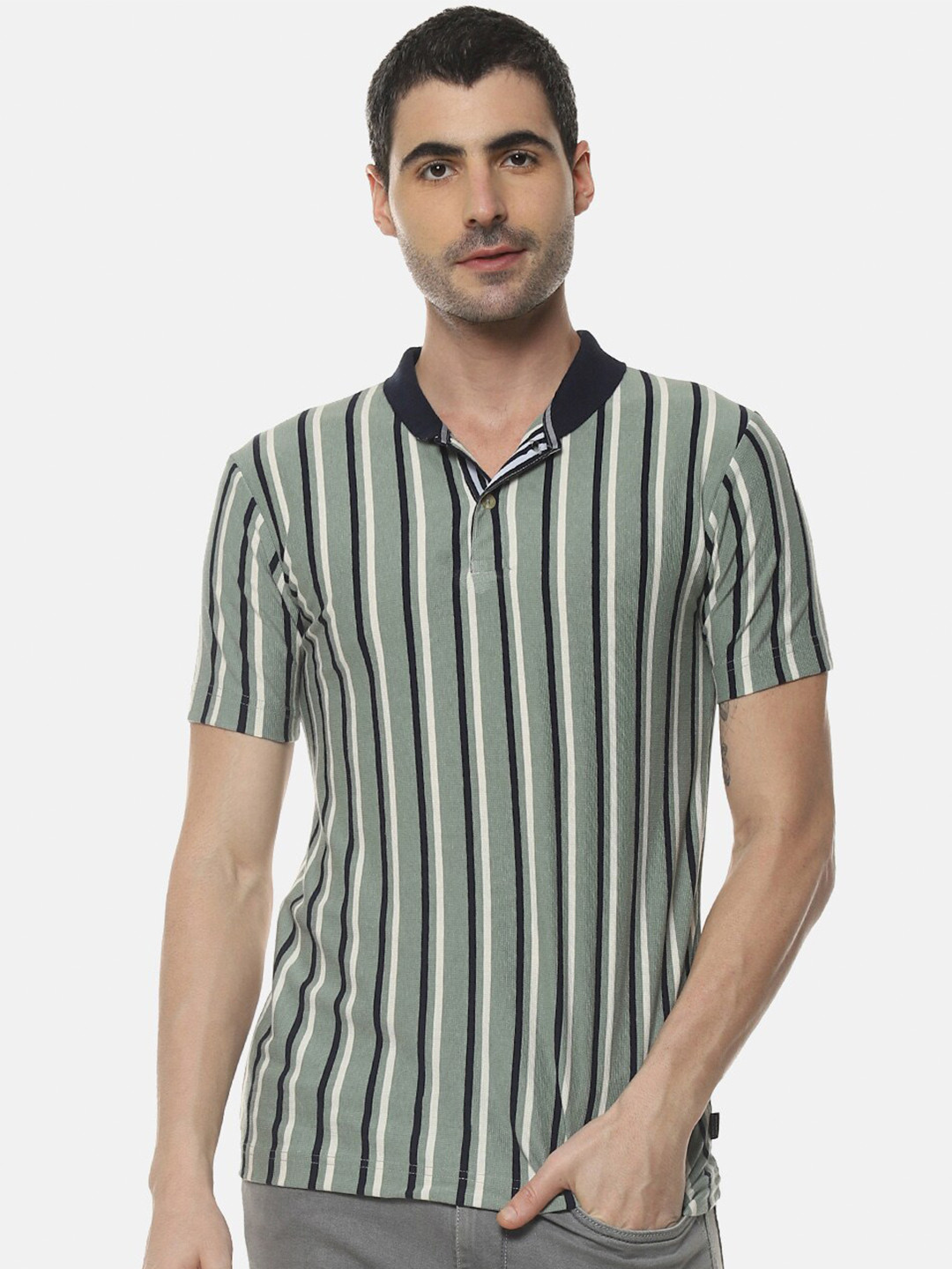 Campus Sutra Green & Navy Blue Striped Polo Collar Cotton T-shirt