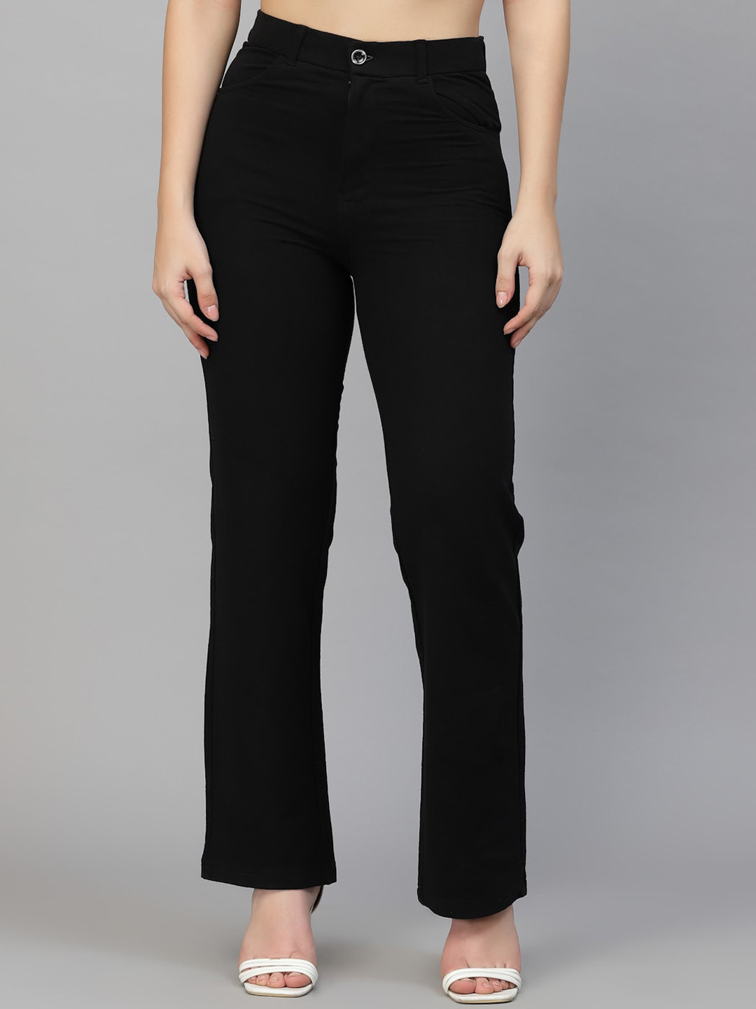 Style Quotient Women Black Smart Flared High-Rise Cotton Knitted Formal Trousers