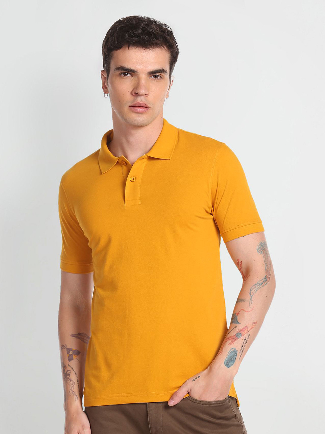 Flying Machine Men Yellow Polo Collar Pockets T-shirt