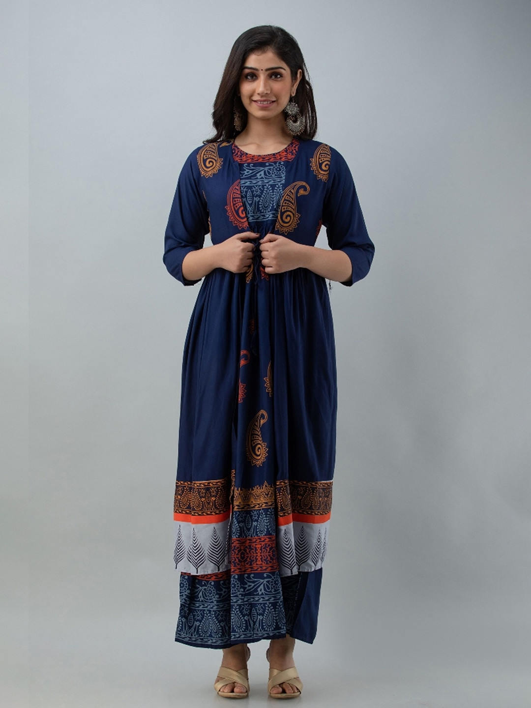 misbis Ethni Motif Printed Layered Fit & Flare Midi Ethnic Dress With Long Shrug