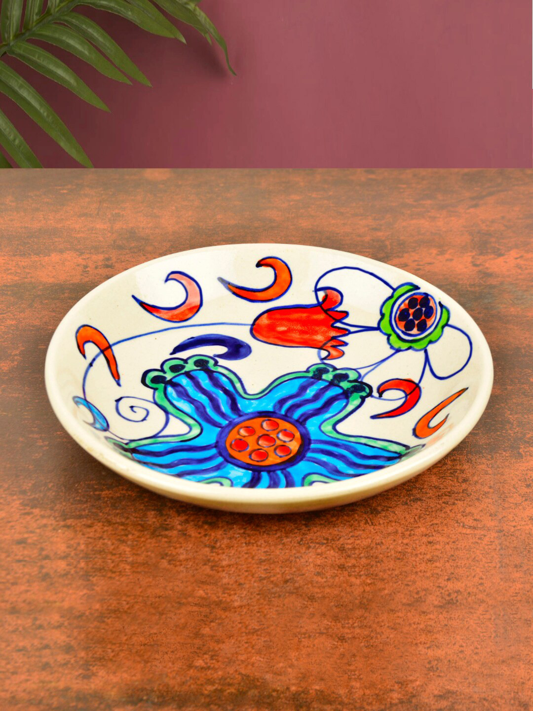 StyleMyWay Off White & Red Printed Ceramic Shallow Serving Bowl - 750 ML