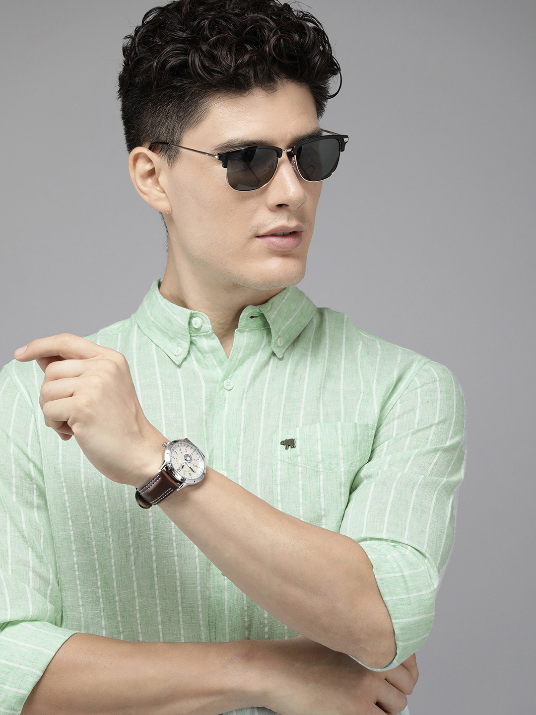 THE BEAR HOUSE Men Green Slim Fit Semi Sheer Striped Casual Shirt