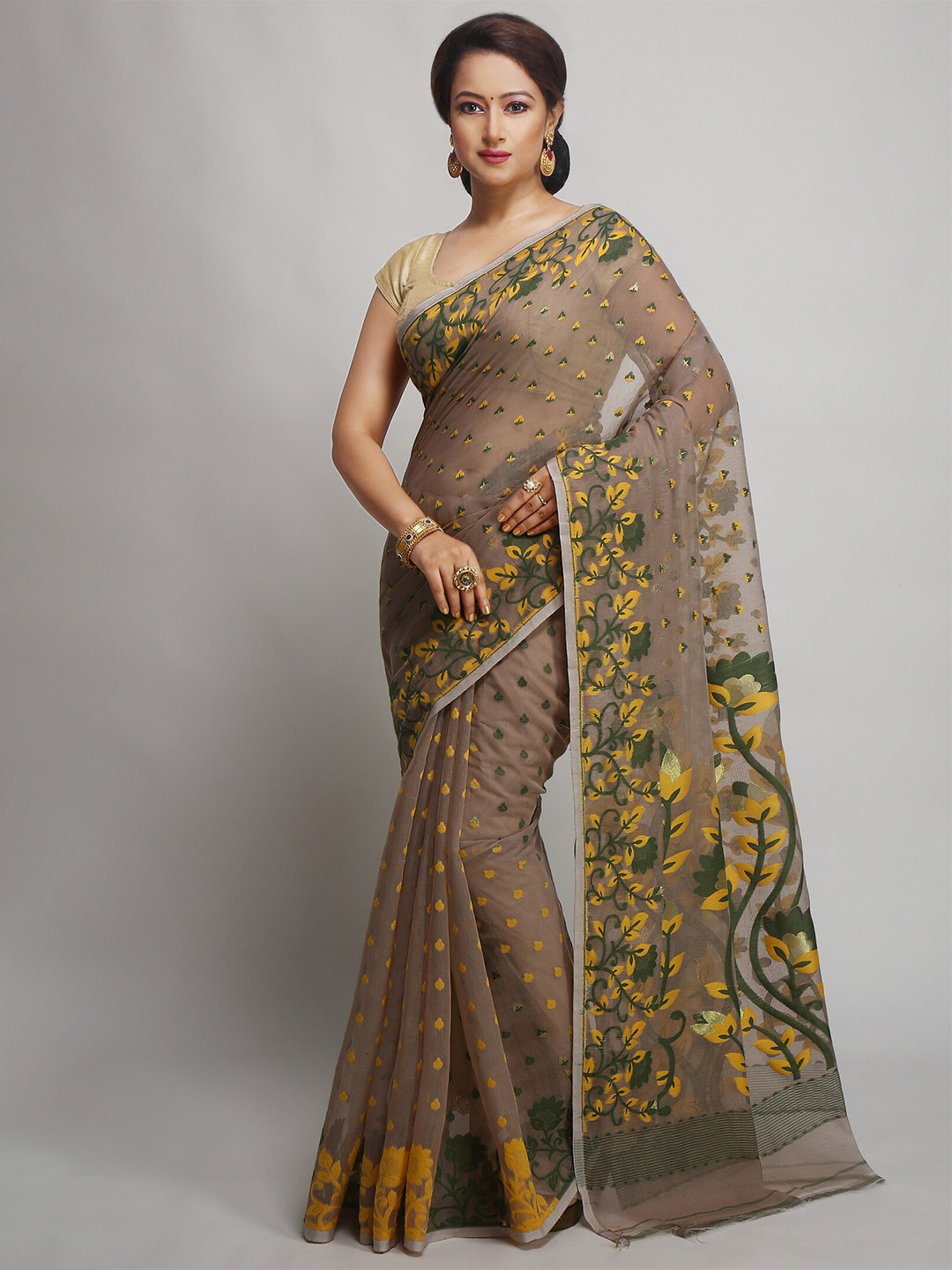 WoodenTant Flower Woven Design Silk Cotton Jamdani Saree