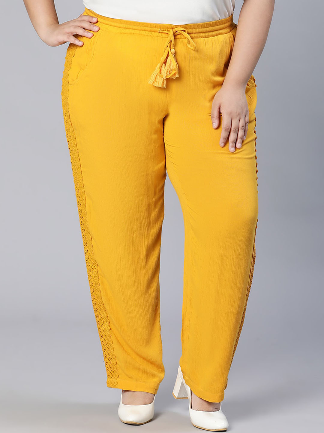 Oxolloxo Women Plus Size Relaxed Fit Lace Details Drawstring Trousers
