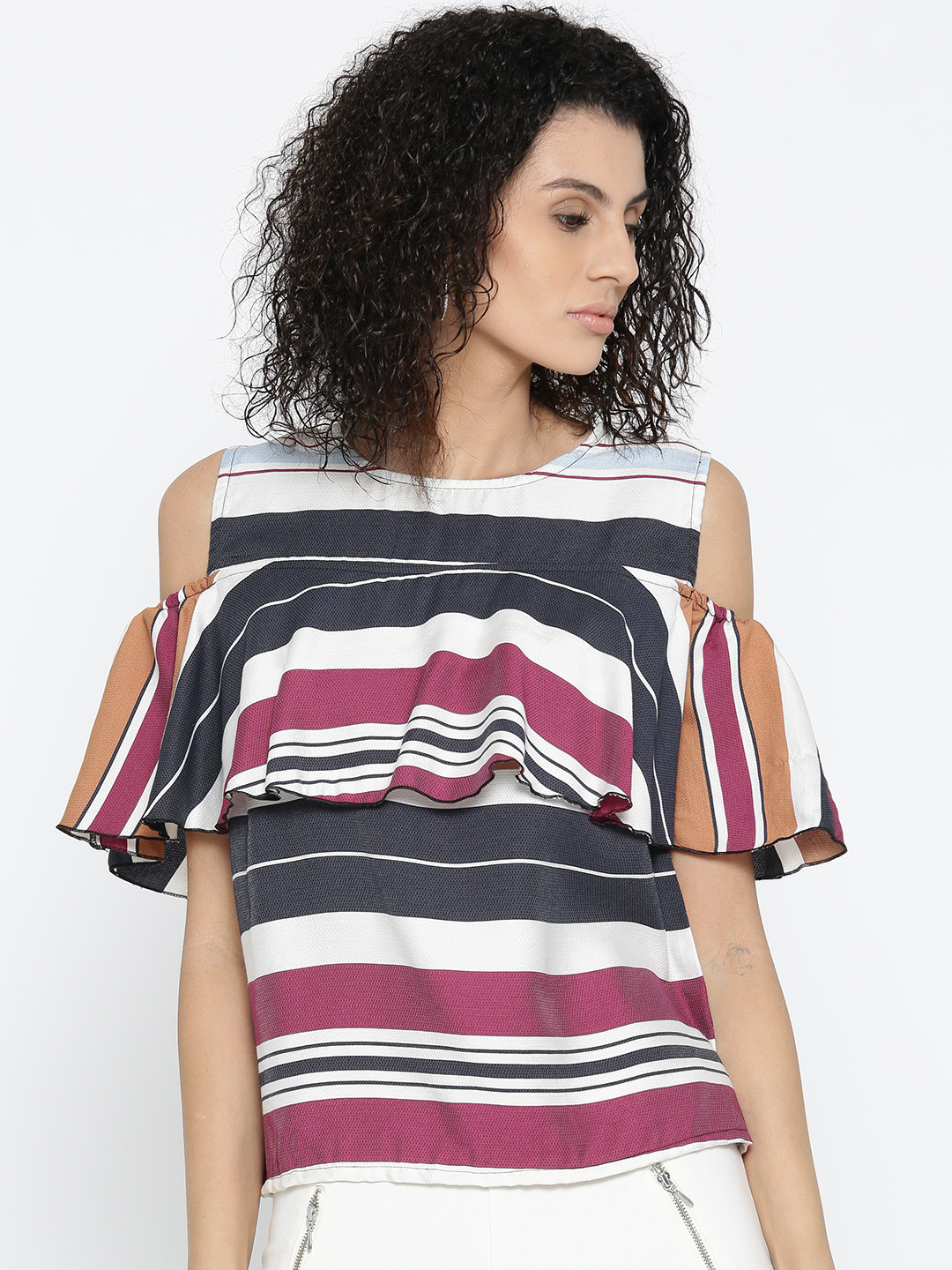 Style Quotient Women White & Magenta Striped Ruffled Top
