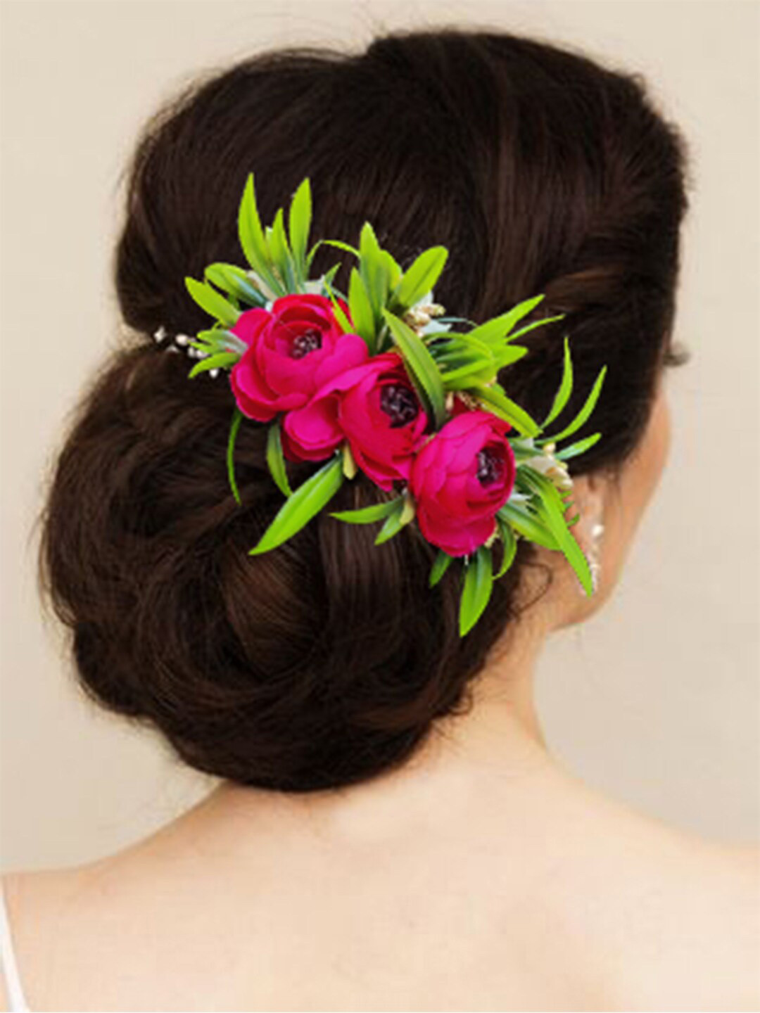 Hair Flare Flower & Leaf Shaped with Artificial Beads Comb Pin