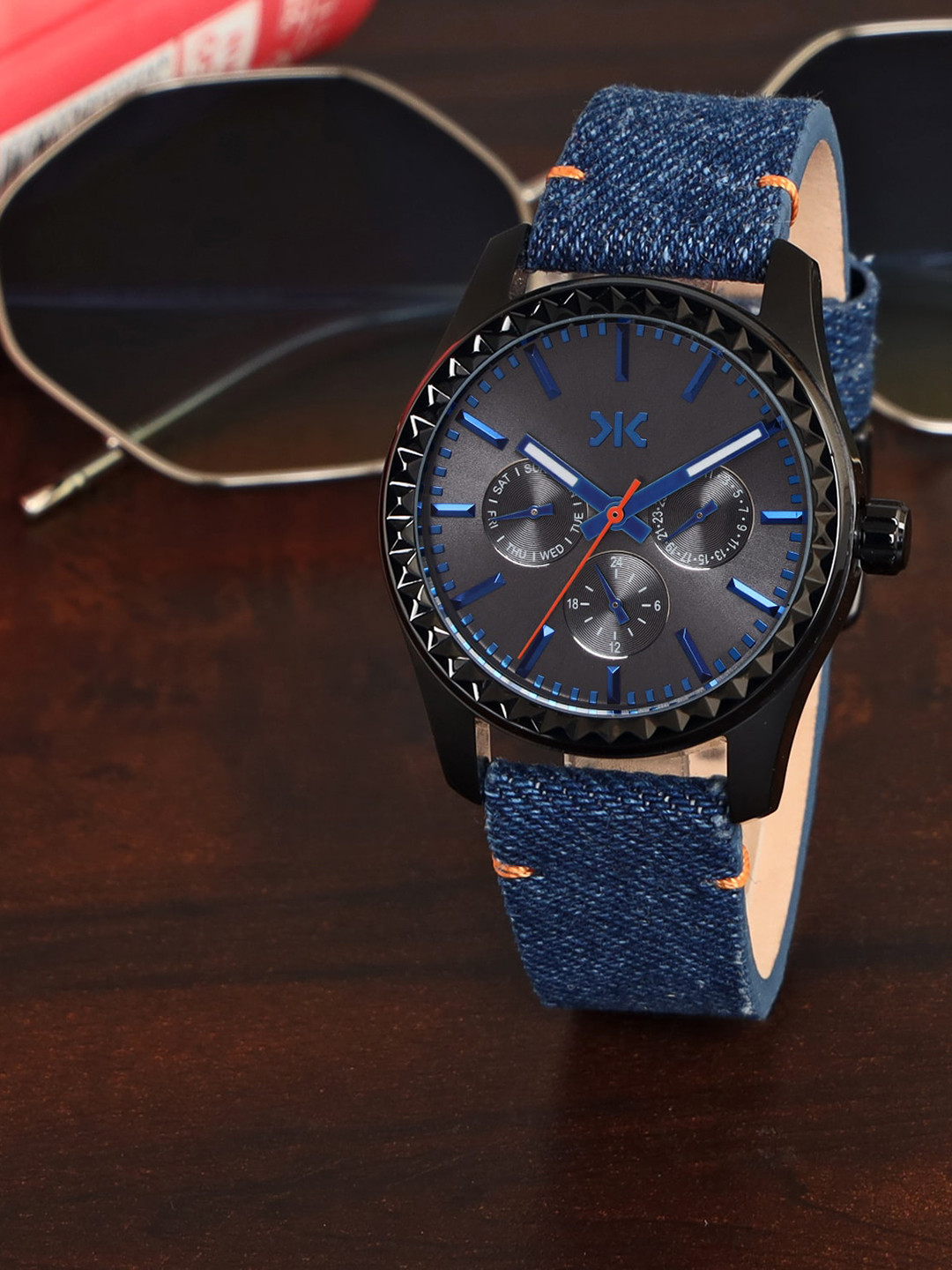 Killer Women Brass Embellished Dial & Denim Straps Analogue Watch KLWII527A