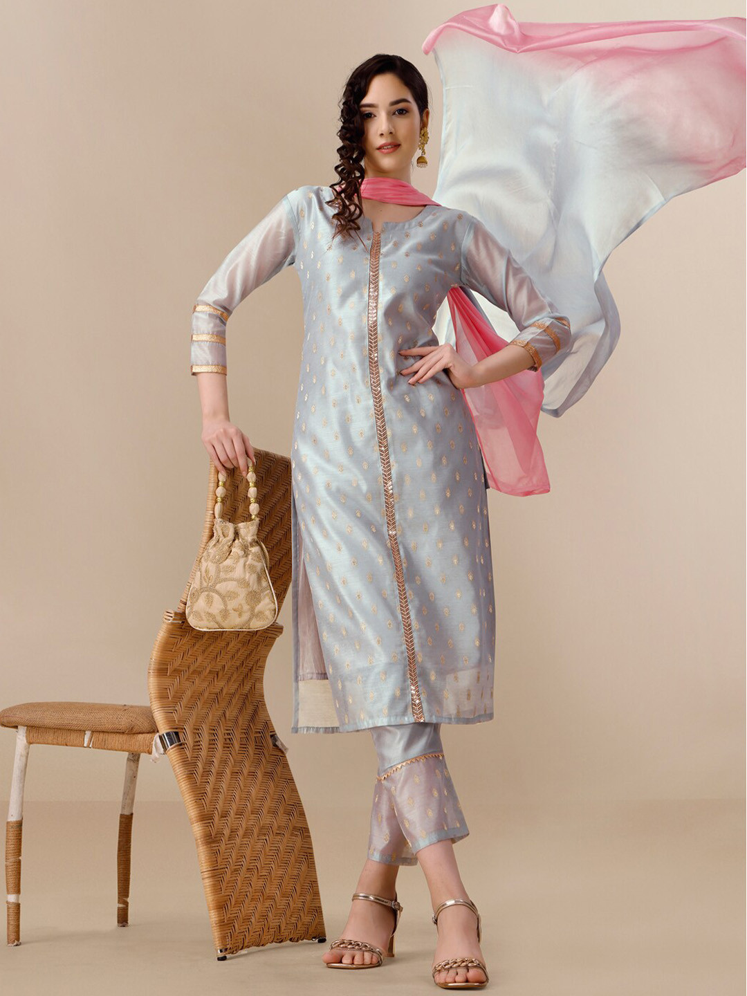 Sangria Grey & Gold Woven Design Notched Neck Sequinned Kurta With Trouser & Dupatta
