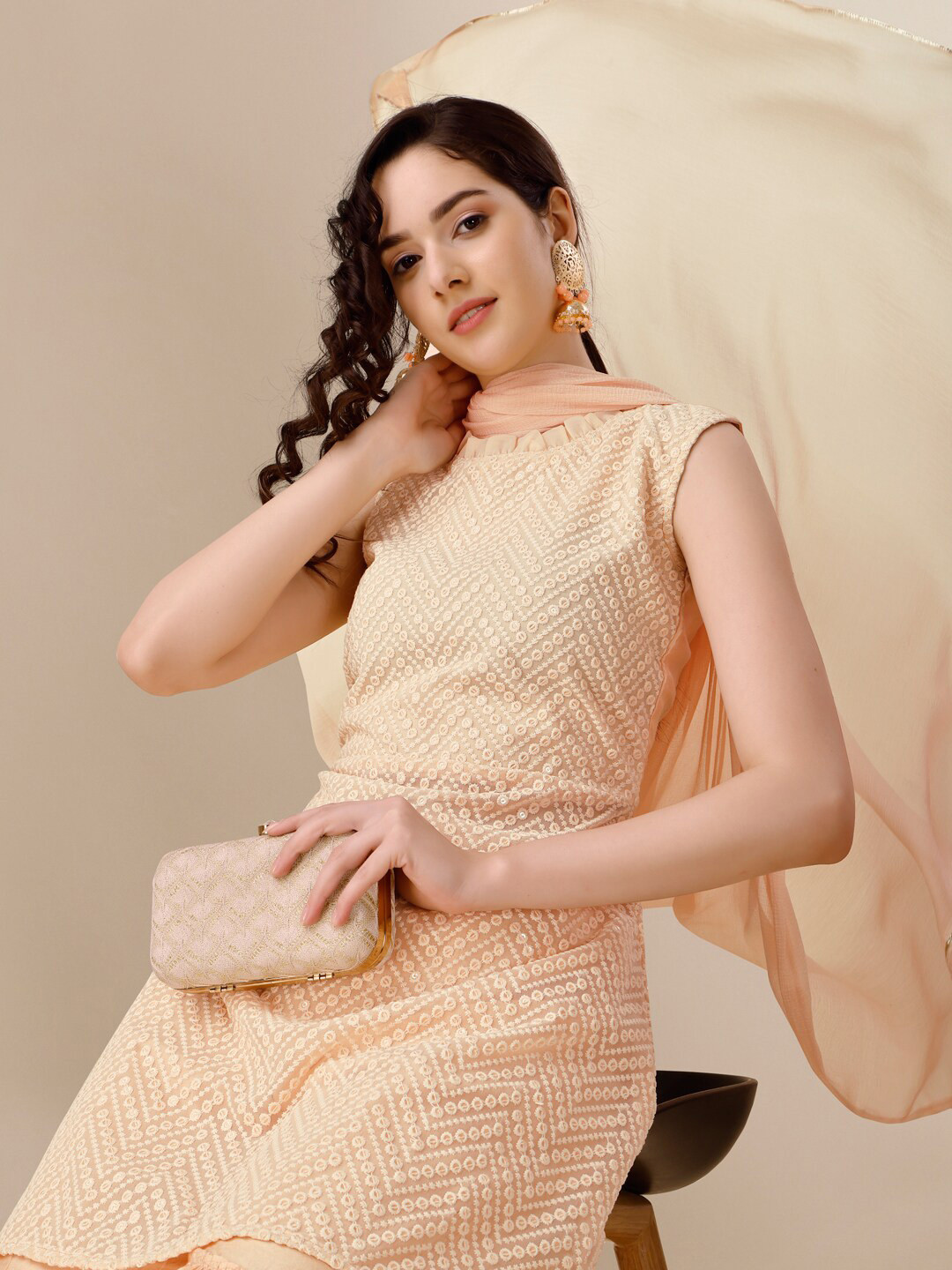 Sangria Peach Geometric Embroidered Kurti With Palazzo & Dupatta