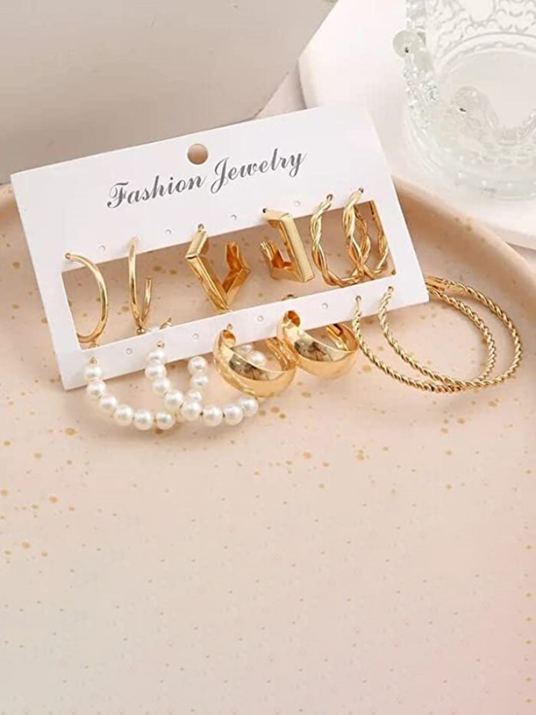 VIEN Set Of 6 Gold-Plated Beaded Geometric Hoop Earrings