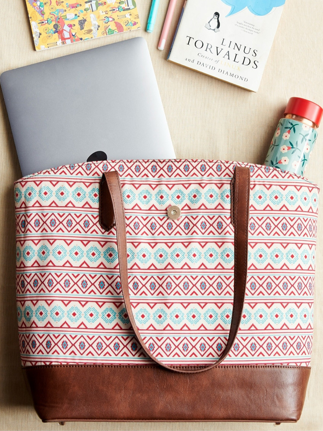 TEAL BY CHUMBAK Ethnic Motifs Printed Canvas Laptop Oversized Structured Tote Bag