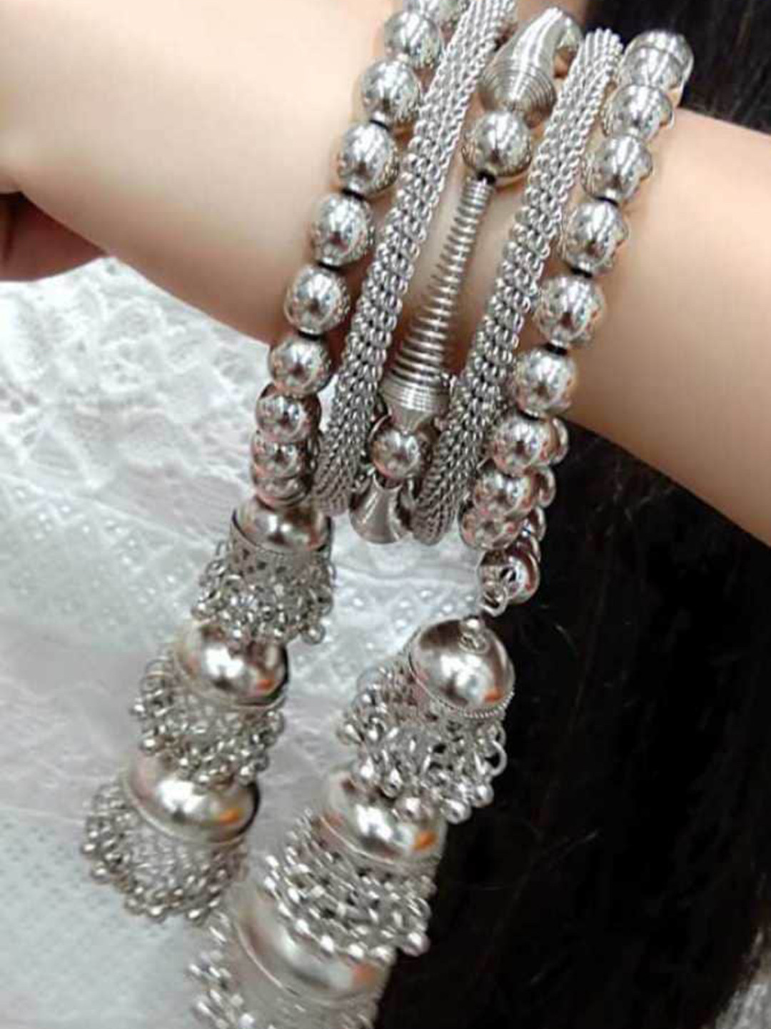 Samridhi DC Silver-Plated Oxidized Jhumki Bangle