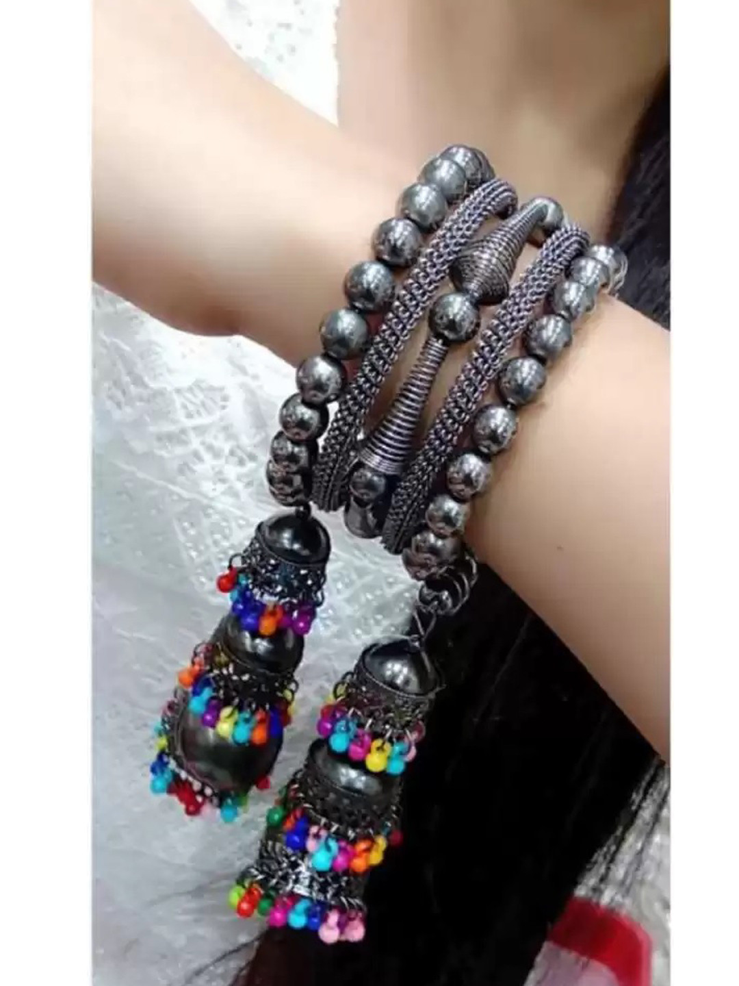 Samridhi DC Silver Plated & Beads-Studded Oxidised Bangles