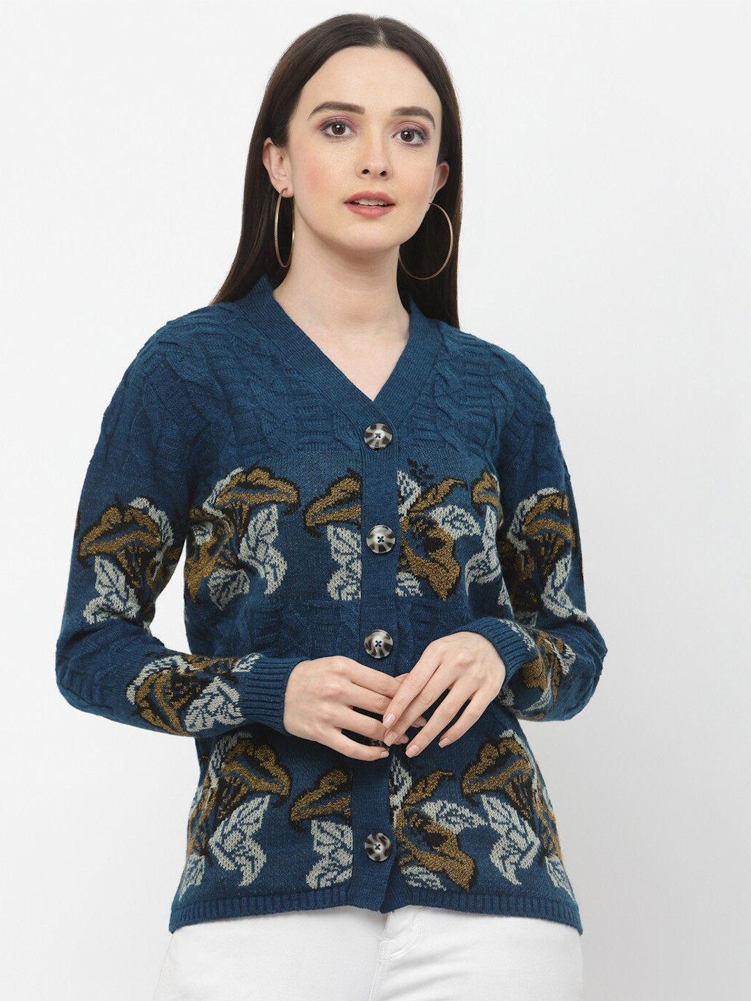 Kalt V-Neck Floral Acrylic Cable Knit Cardigan