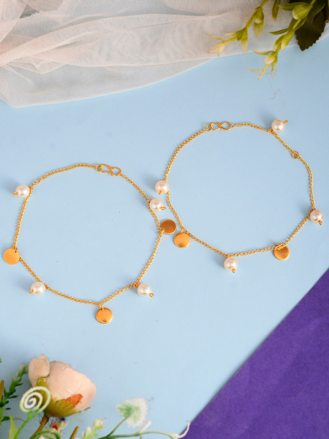 Silvermerc Designs Set Of 2 Gold-Plated Beaded Anklets