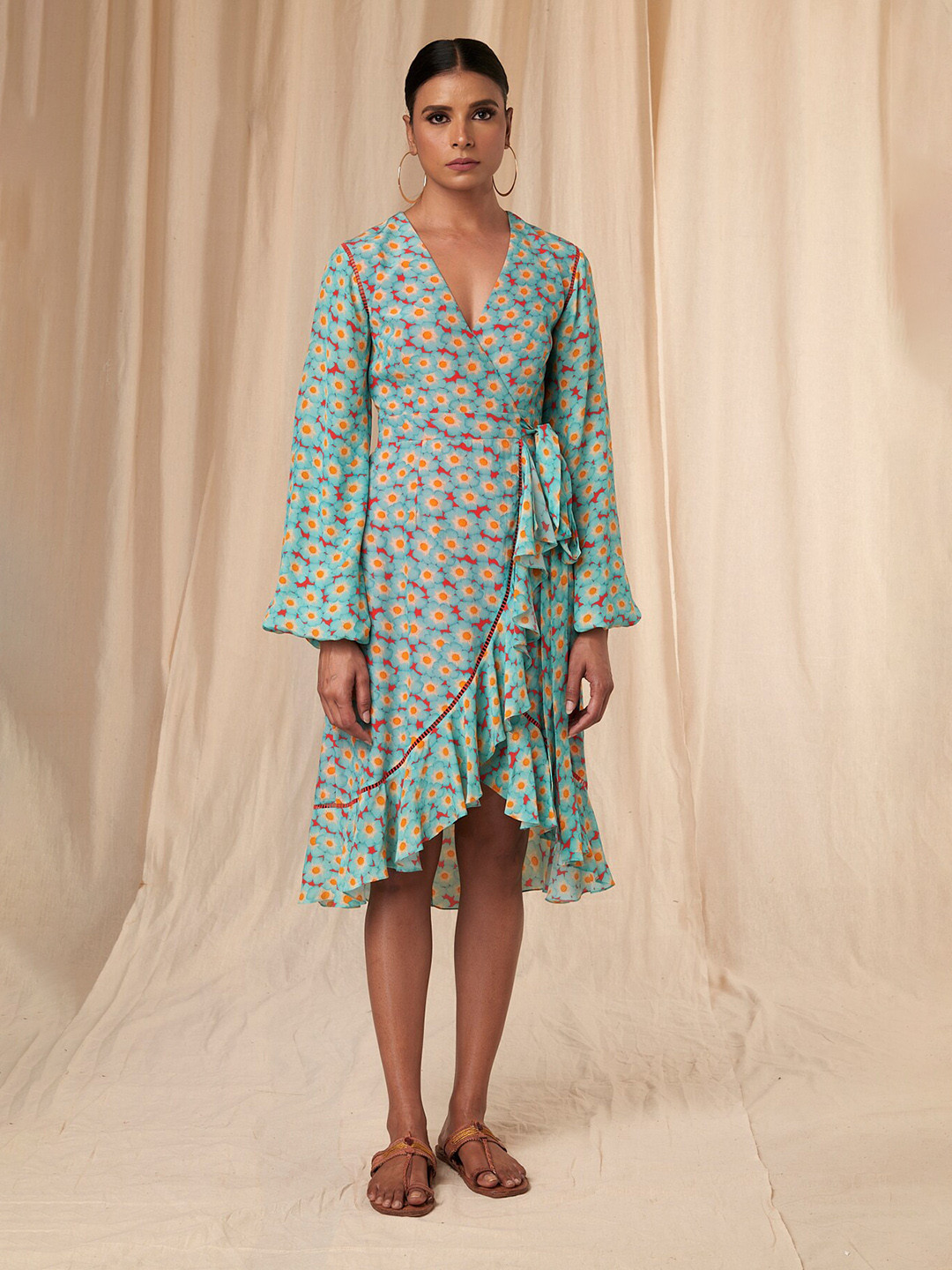 Masaba Floral Printed Puff Sleeves Wrap Dress