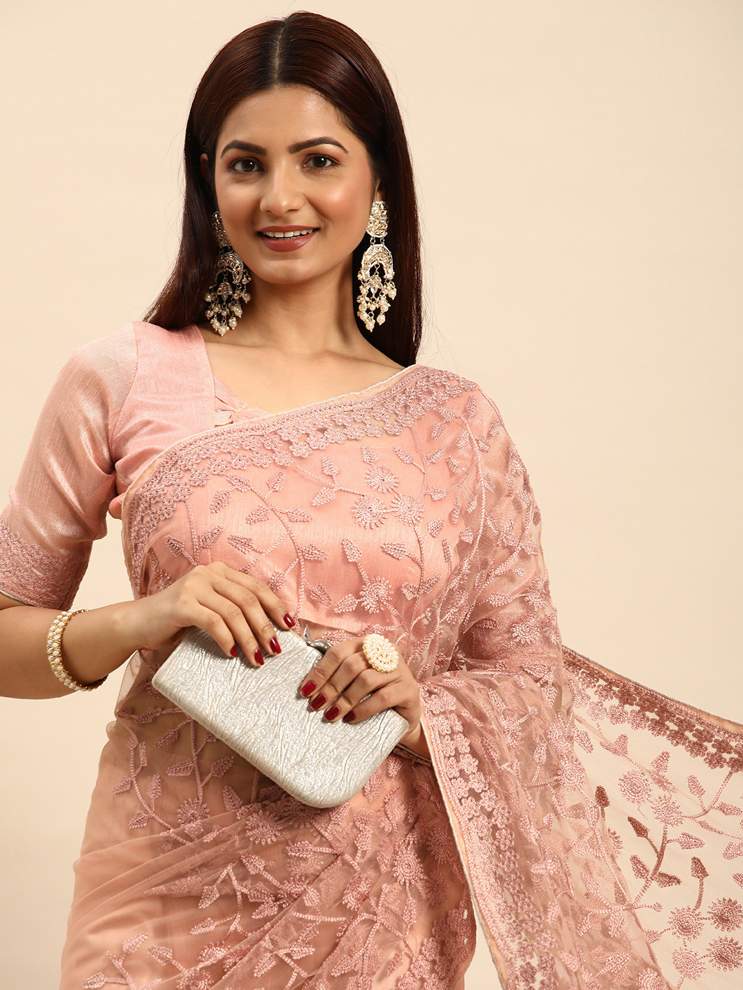 HERE&NOW Floral Chikankari Net Saree