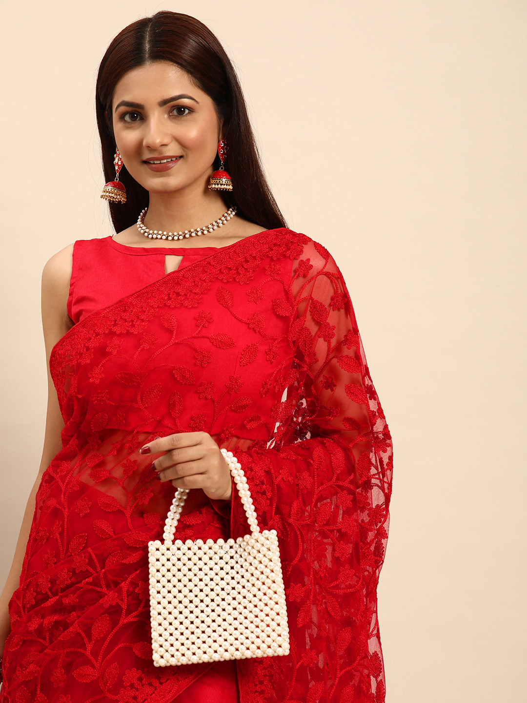 HERE&NOW Floral Chikankari Net Saree