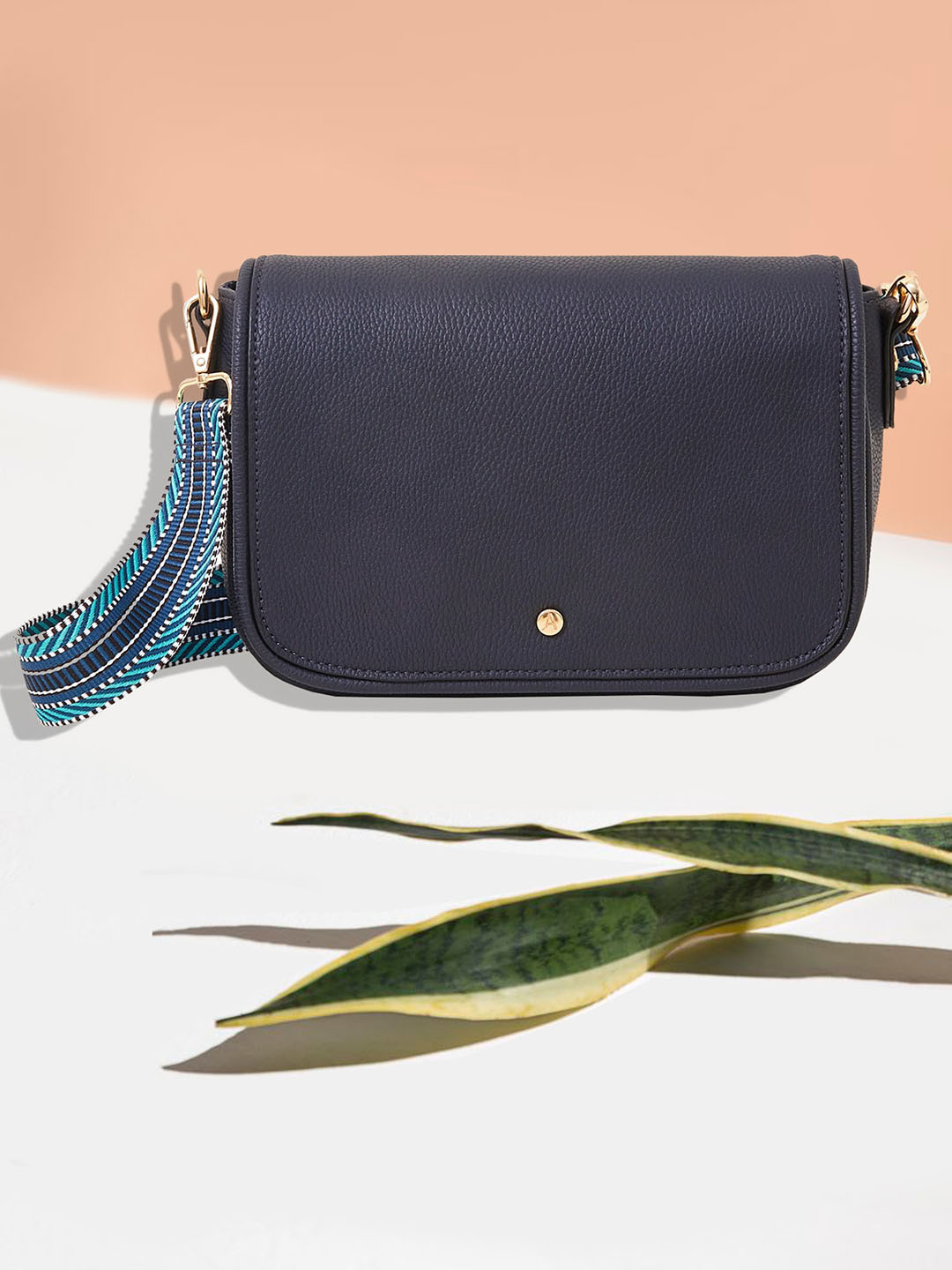 Accessorize London Faux Leather Textured Structured Webbing Strap Flap Sling Bag