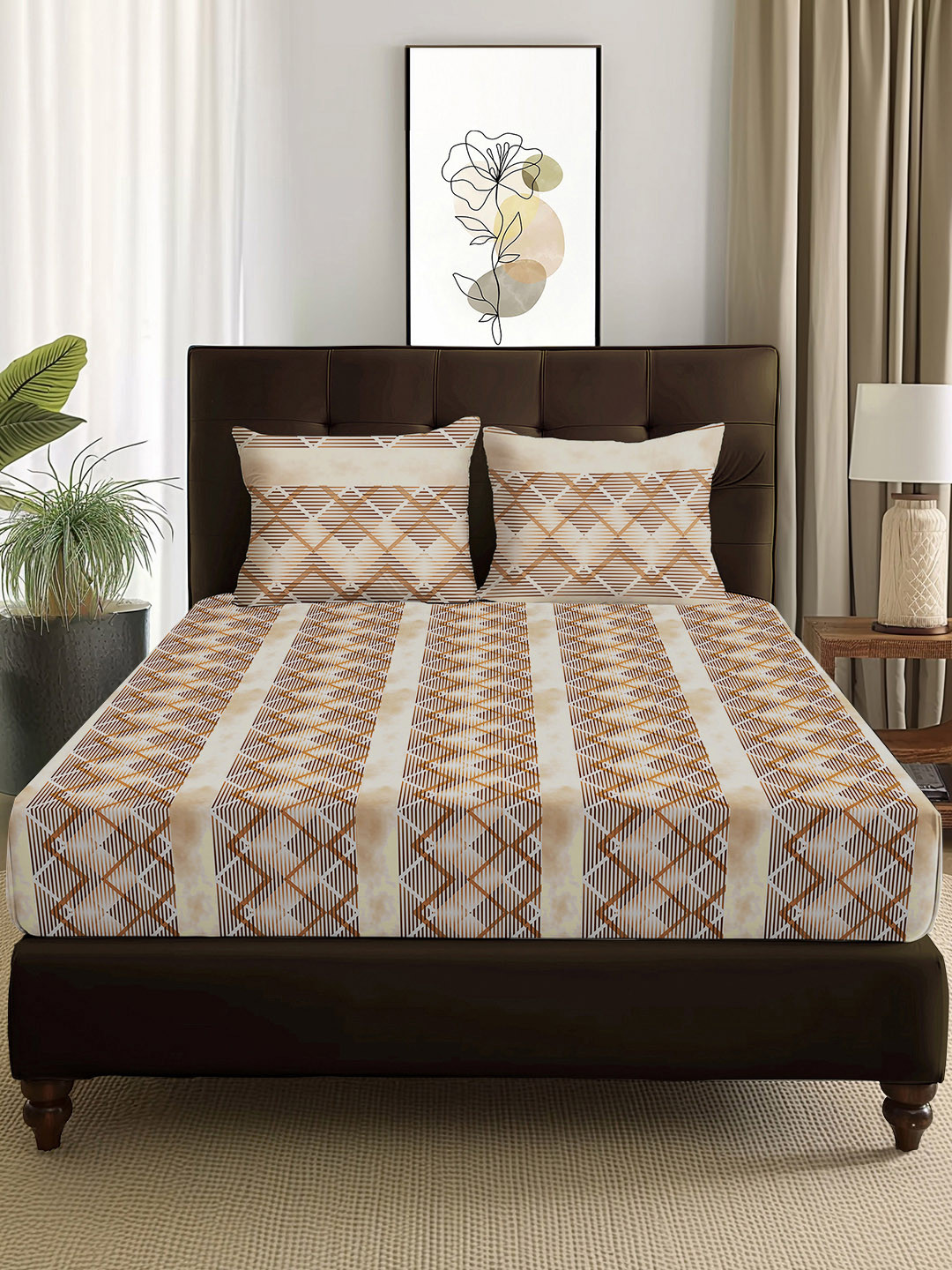 Story@home Arena Brown Geometric Polyester 180 TC Fitted Queen Fine Bedsheet with 2 Pillow Covers-89 x 98 inches