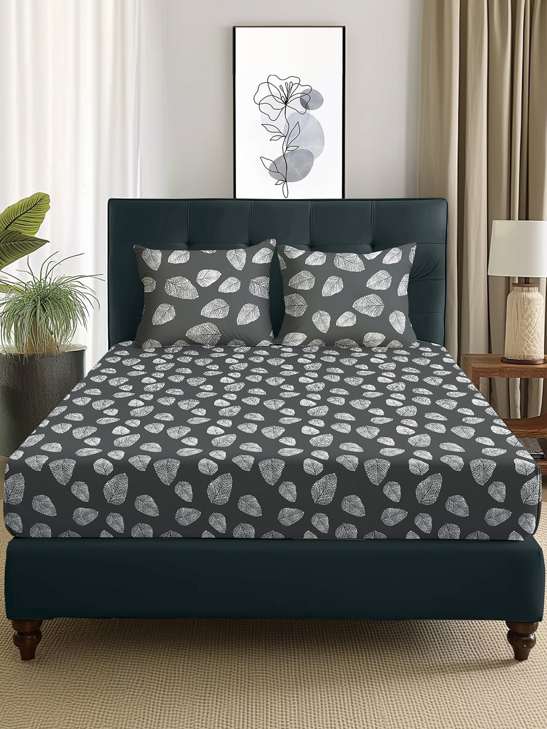 Story@home Arena Grey Leaf Polycotton 160 TC Queen Bedsheet with 2 Pillow Covers-89x98In