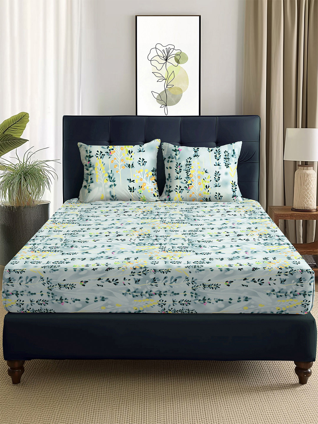 Story@home Grey Floral Polycotton 160 TC Queen Bedsheet with 2 Pillow Covers-89 x 98In