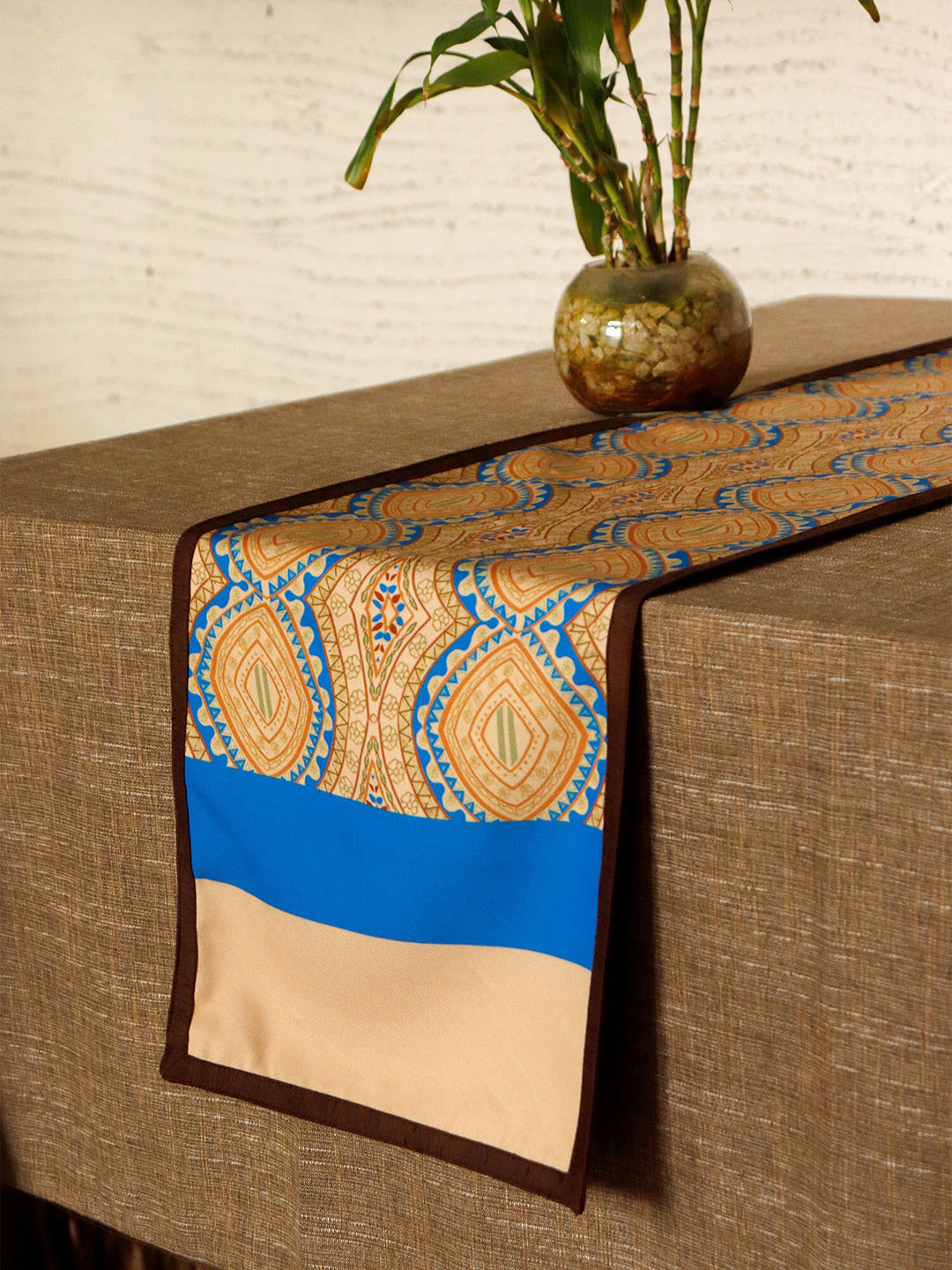 ZEBA Beige & Blue Printed Table Runner