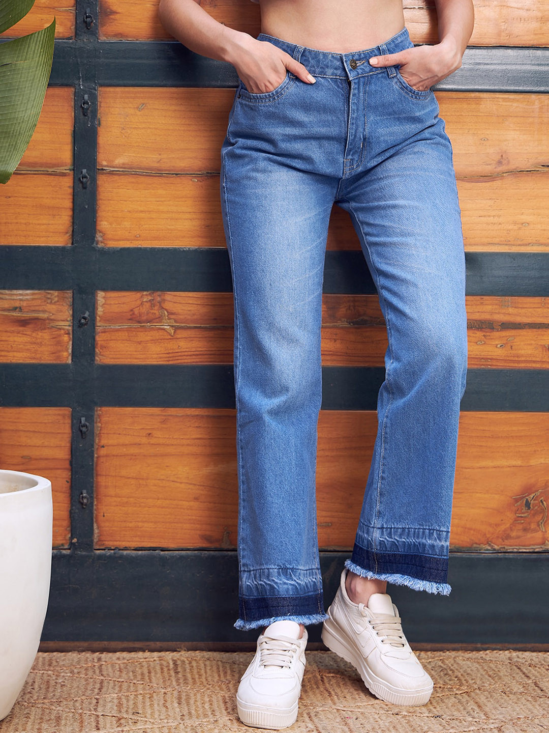 KASSUALLY Women Wide Leg Clean Look Light Fade Pure Cotton Jeans