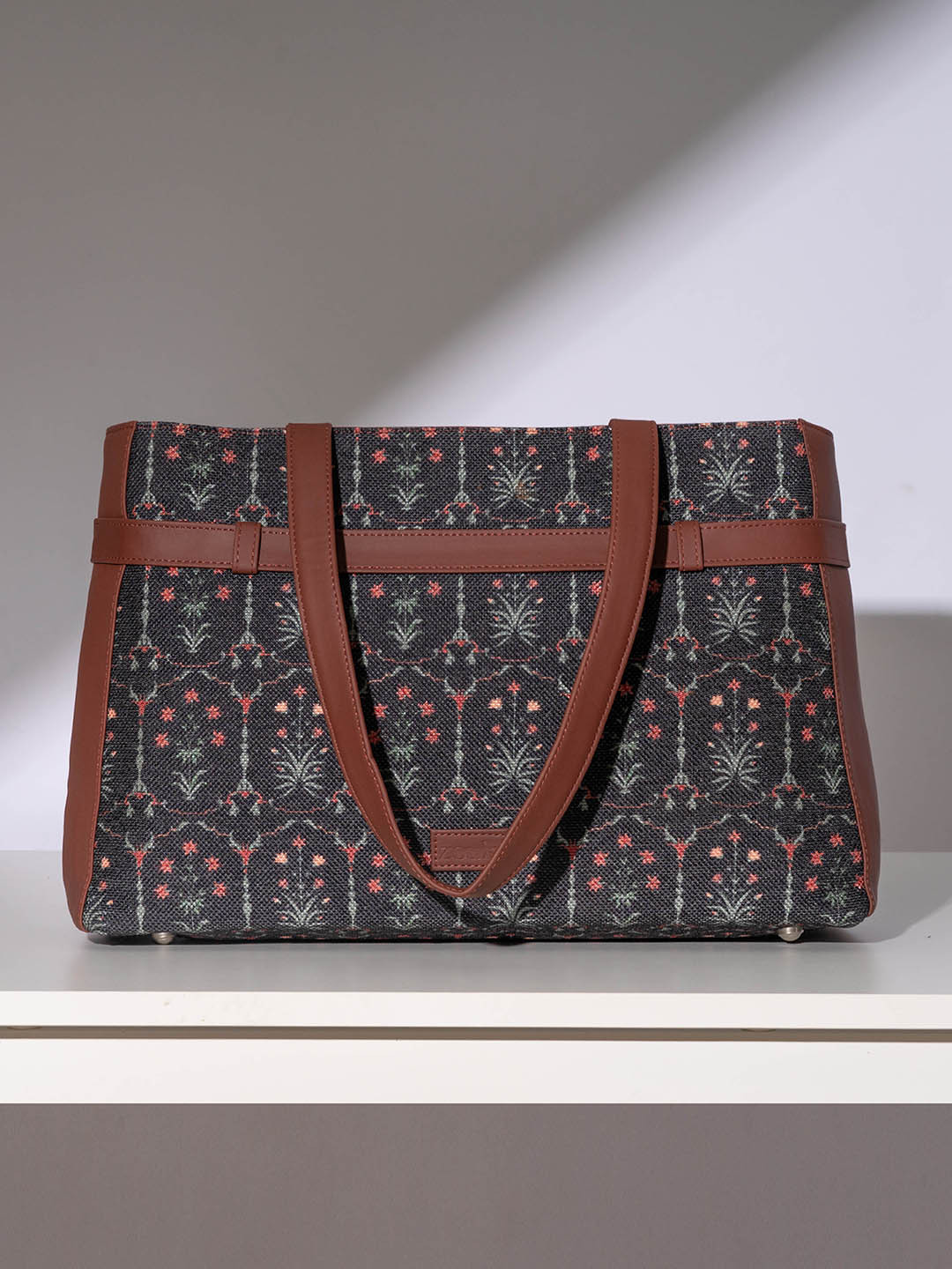 ZOUK Floral Printed Jute Structured Shoulder Tote Bag