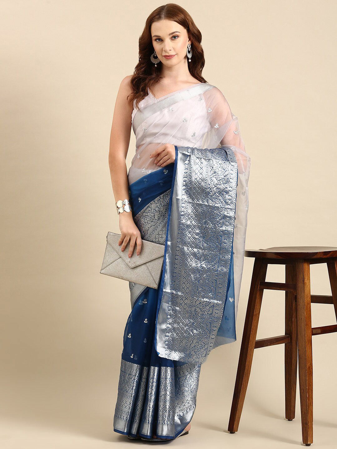Anouk Grey & Blue Floral Embroidered Sequin Organza Saree