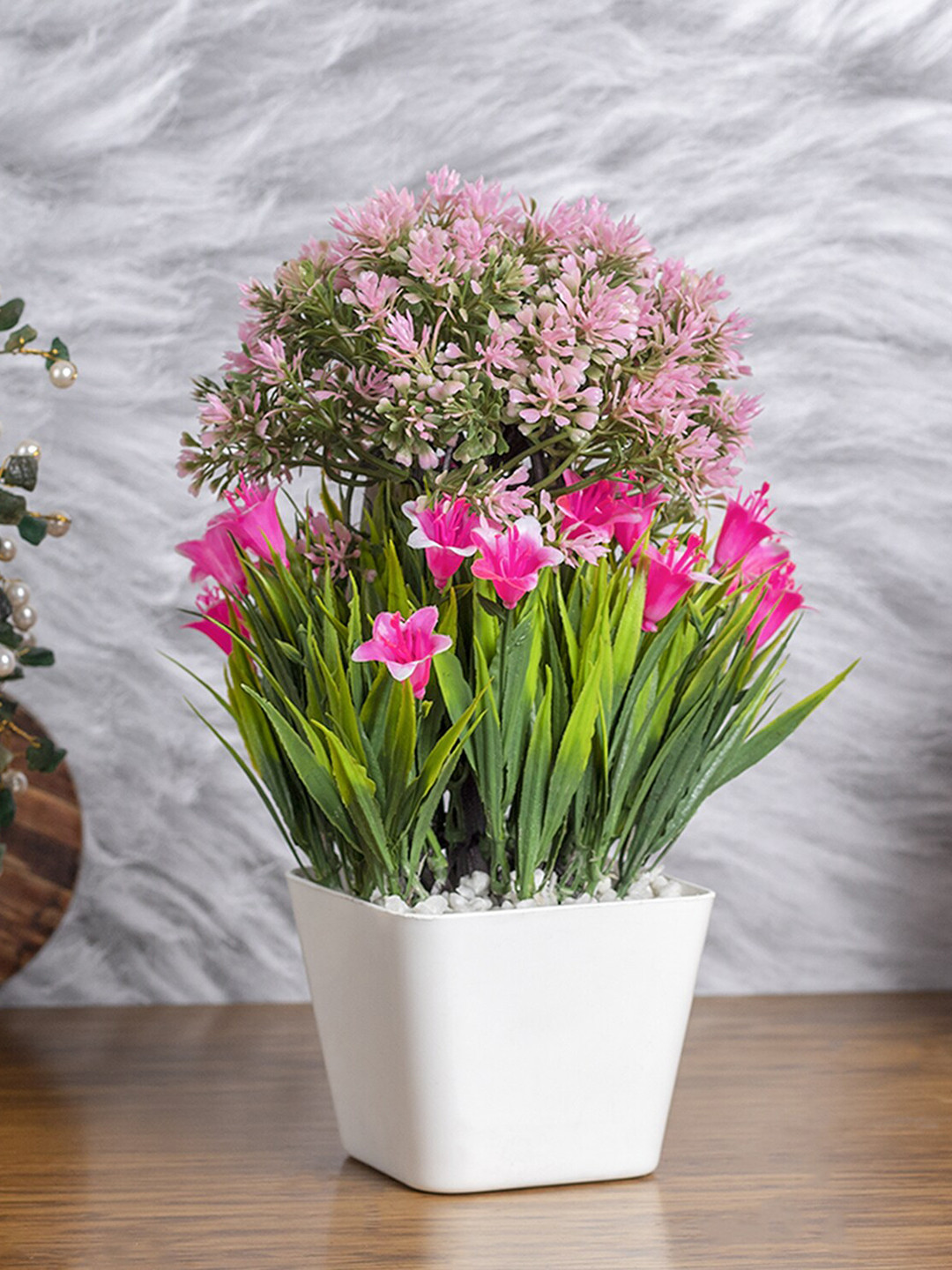 MARKET99 Pink & White Square Artificial Flower With Pot