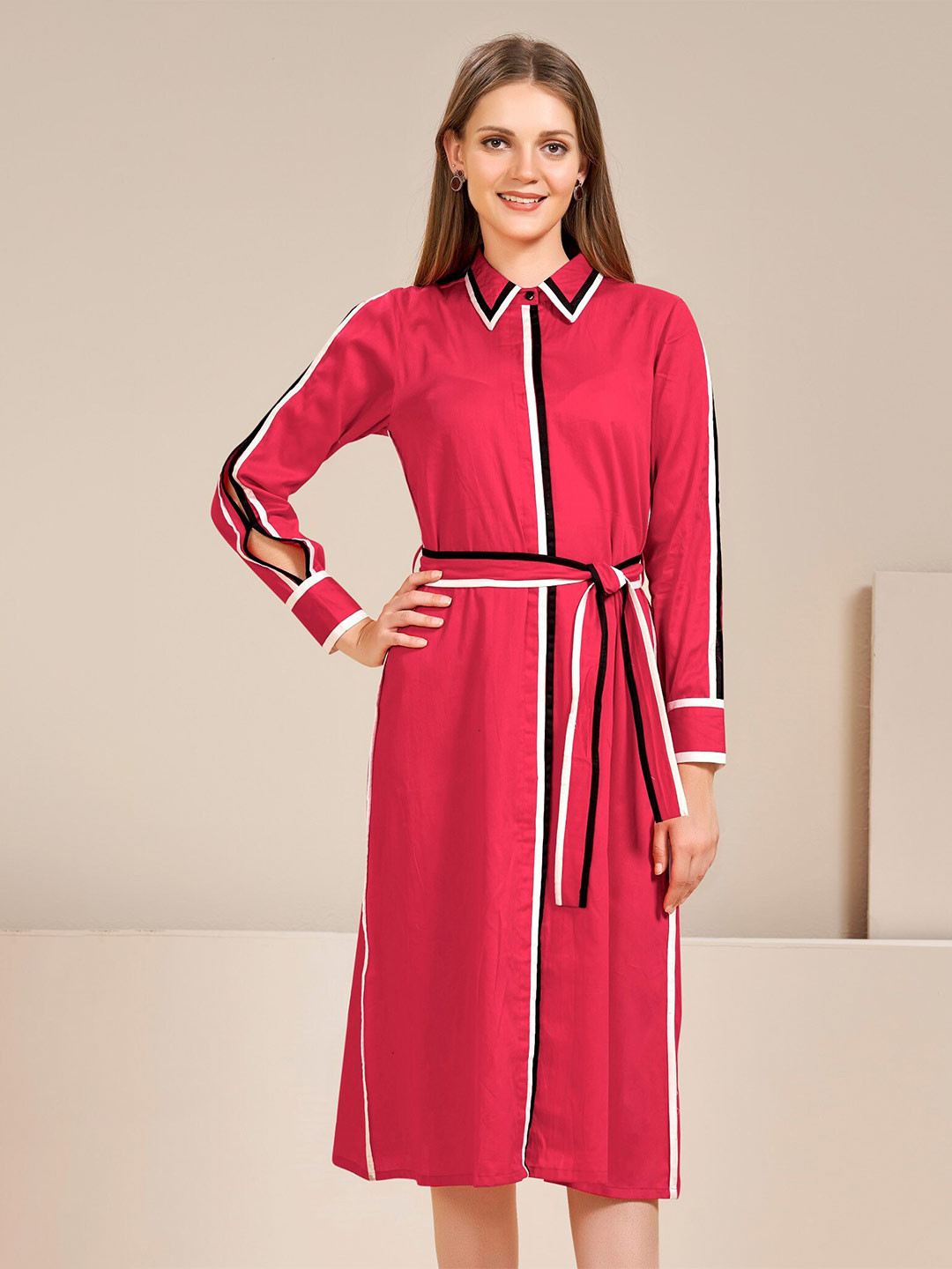Bannos Swagger Shirt Collar Cotton A-Line Dress With Belt