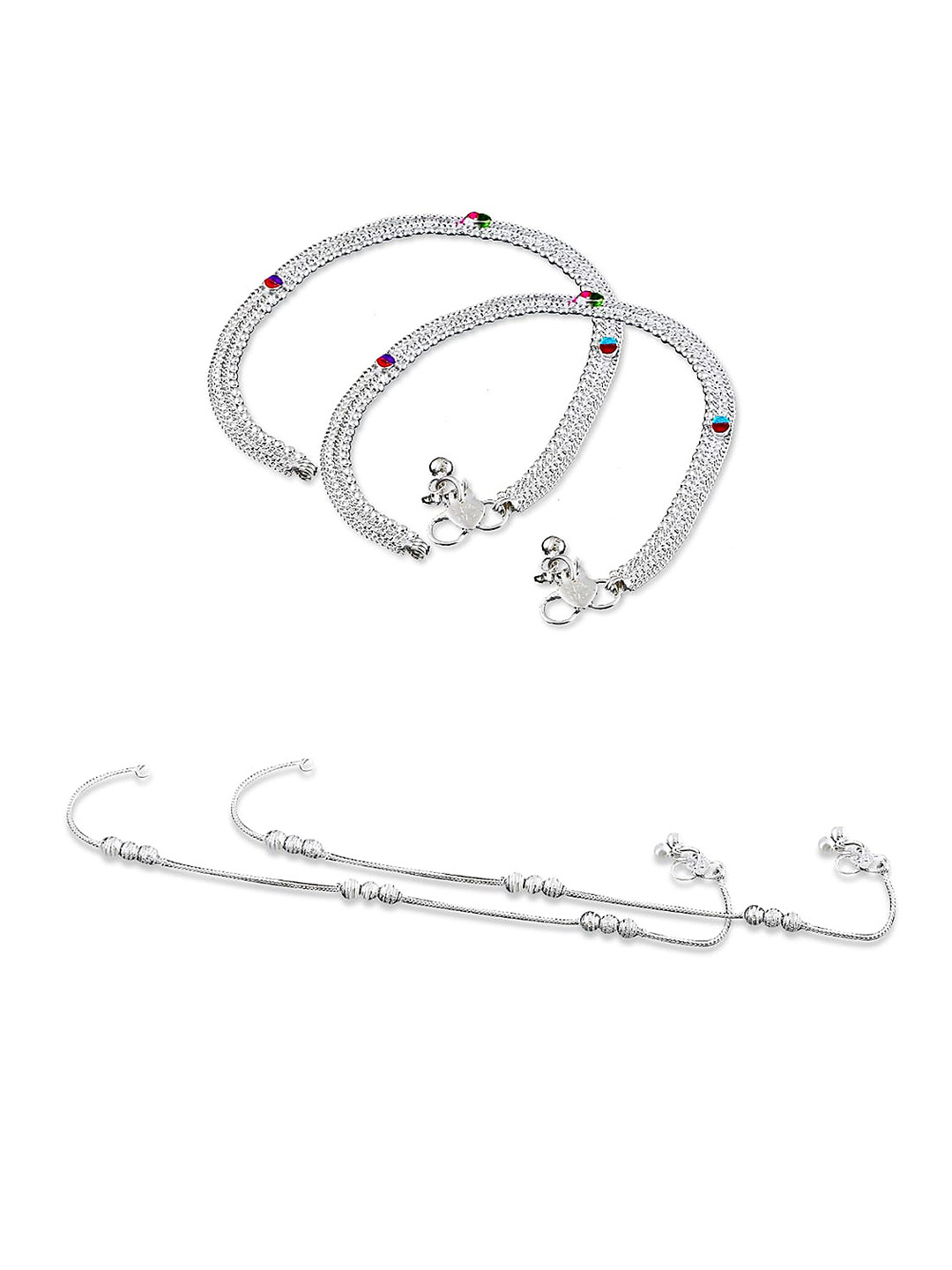 RUHI COLLECTION Set Of 4 Silver-Plated Stone Studded & Beaded Anklets