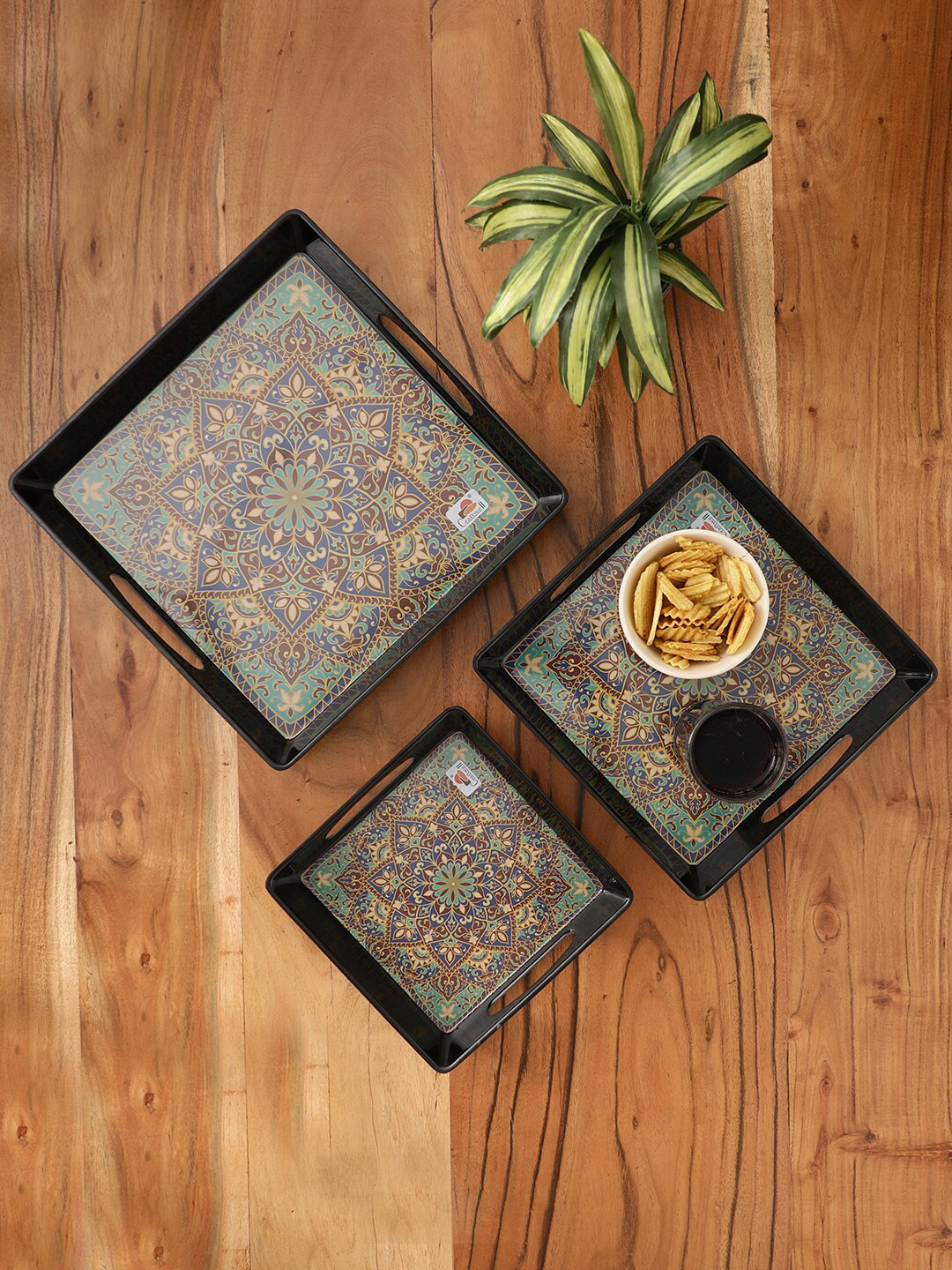 CDI 3-Pieces Black Abstract Printed Melamine Cubic Trays